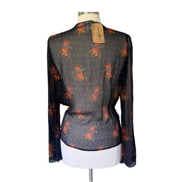 NWT Natural Life Mesh Navy Blue‎ Sheer Floral Tie Front Kimono Top Blouse O/S - Picture 2 of 6